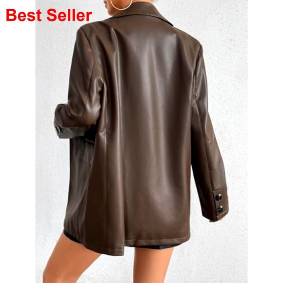 Faux Leather Blazer Jacket Moto Biker Coat Long Sleeves Button Fashion - Picture 3 of 6